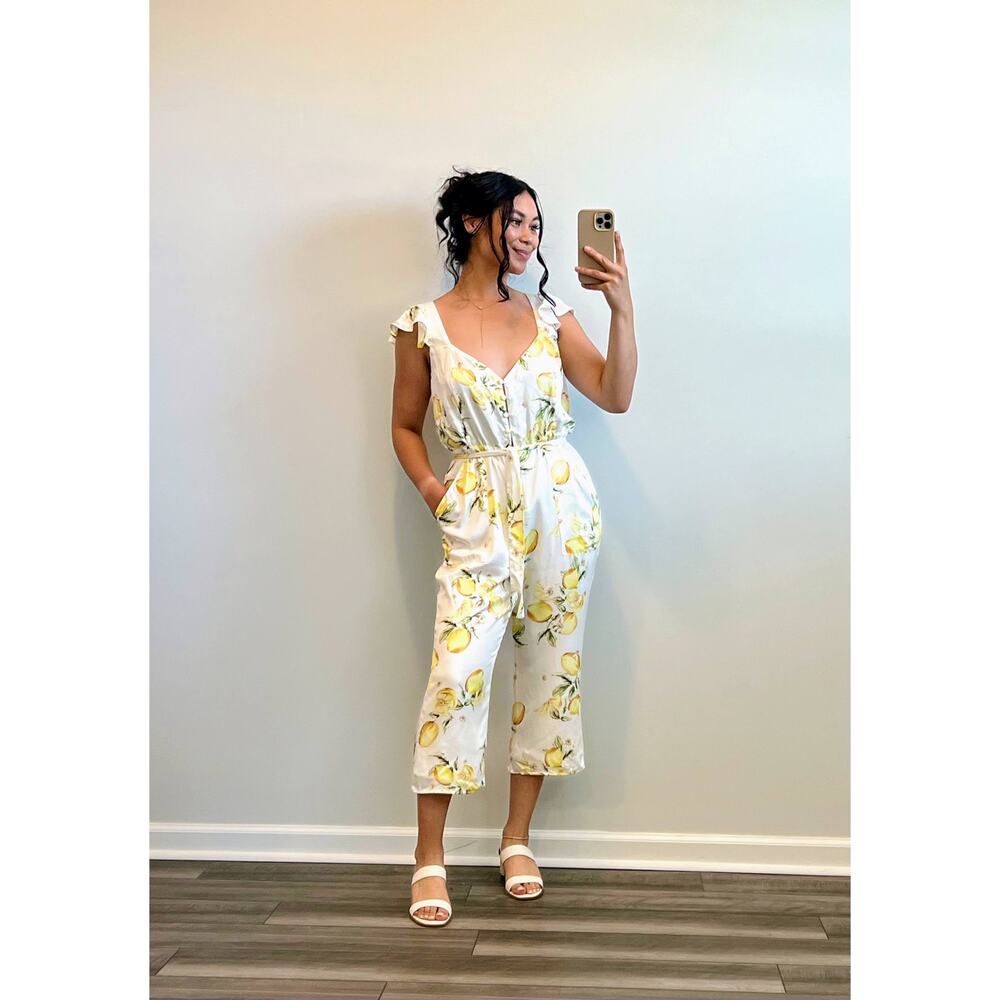 For Love & Lemons Limonada in Yellow Jumpsuit Button Front Cap Sleeve‎ Lined